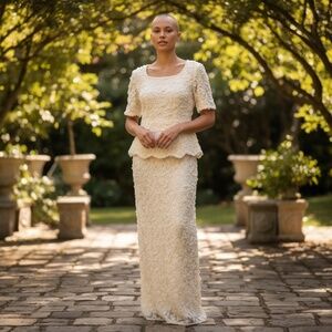 Vintage  Scala Ivory Pearl &‎ Sequin Beaded Lace Sheath Dress, Size Medium